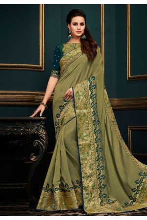 Green satin embroidered party wear saree  10610